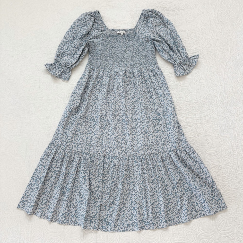 Madewell Lucie Elbow-Sleeve Smocked Midi Dress, Ocean‎ Sunflower Field Sz M